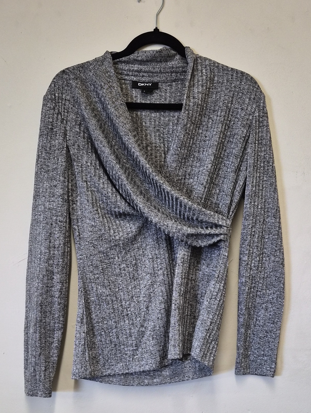 DKNY Gray Ribbed V-Neck Draped Wrap Sweater Size M